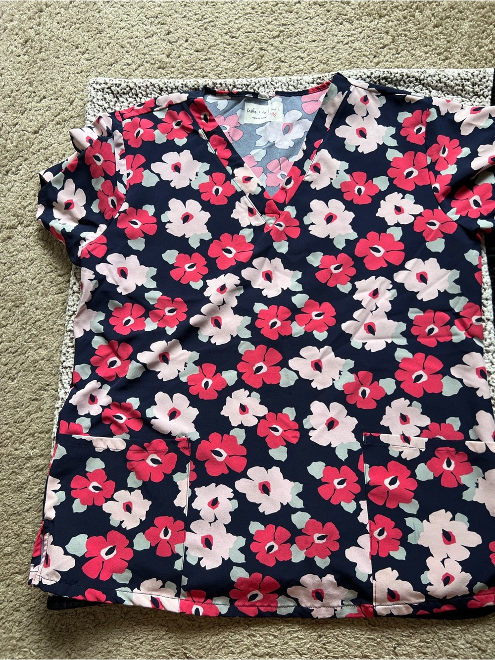 Floral V-Neck Scrub Top - Navy with Pink & Red Flowers